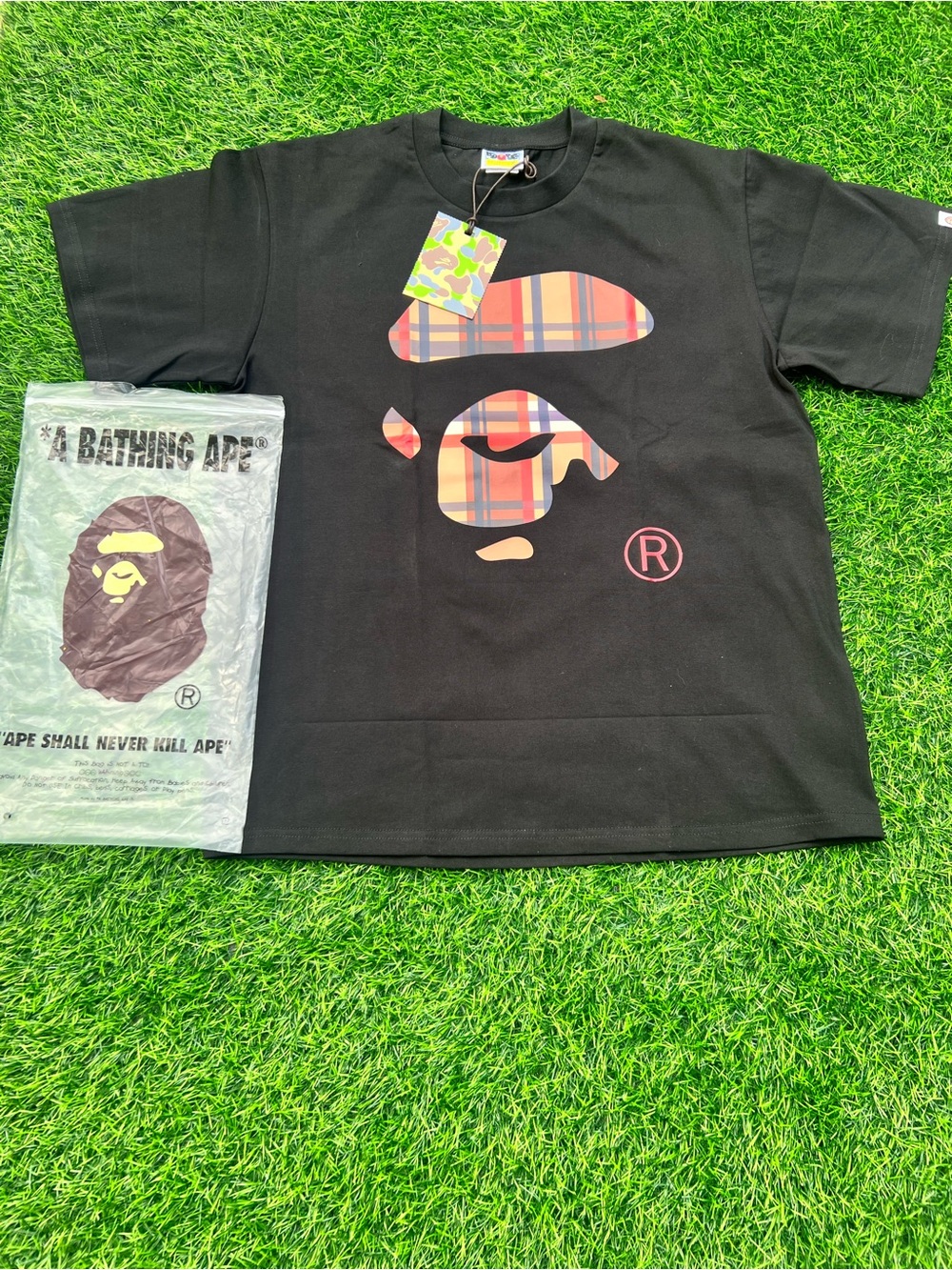 Bape Black Tee with Red-Orange Plaid Ape Head